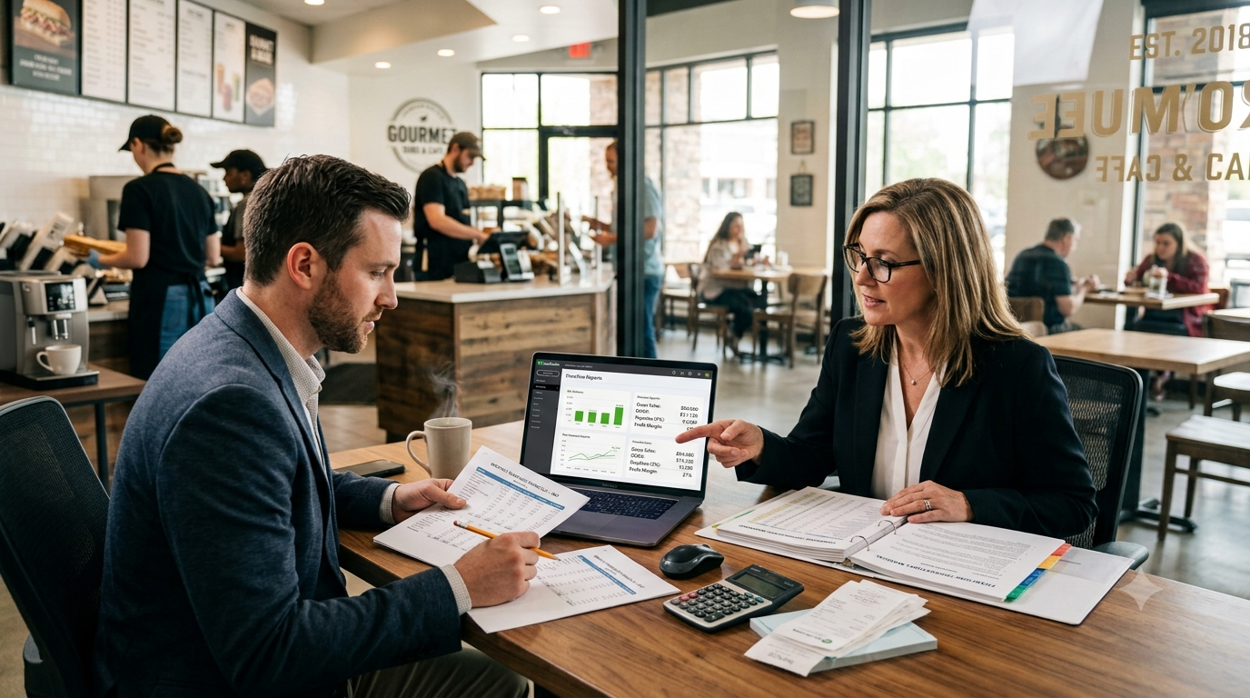 Franchise bookkeeping workflow showing receipts and invoices flowing from multiple locations into one reviewed QuickBooks posting process